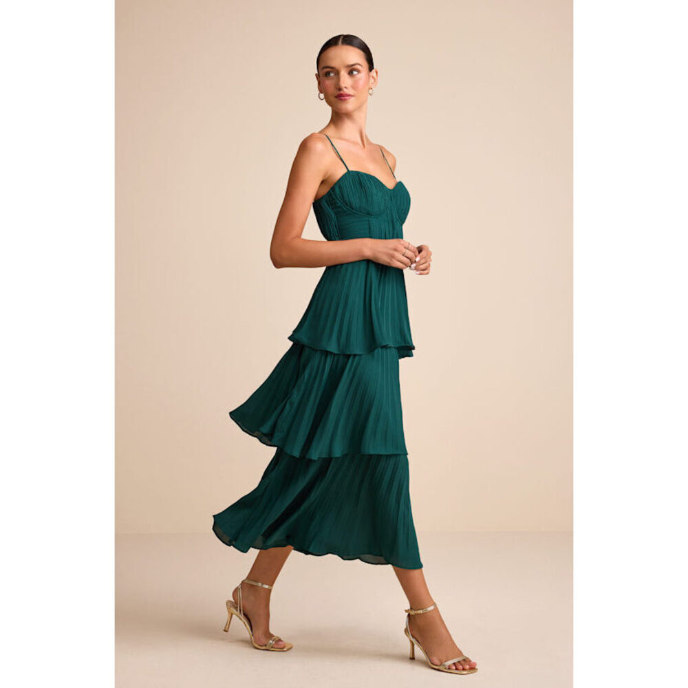 Lulus Cascading Crush Emerald Tiered Bustier Midi Dress Green - Size S